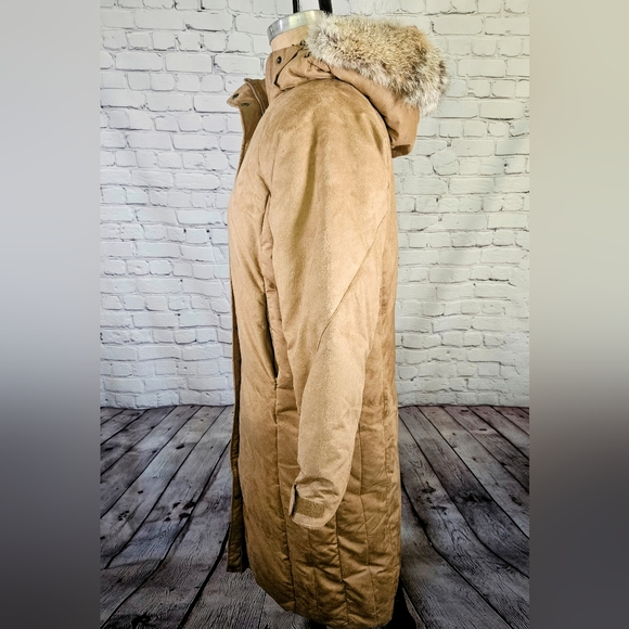 Cabela's Goose Down Faux Suede Long Coat Tan Size Large w/Removable Hood & Fur - Picture 8 of 8